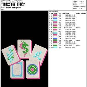 May include: An embroidery design featuring five Mahjong tiles with various symbols and designs. The tiles have pink borders and are set against a black background. The design includes text at the top.