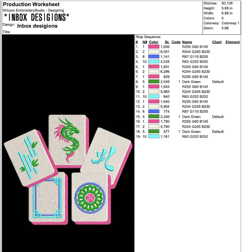 May include: An embroidery design featuring five Mahjong tiles with various symbols and designs. The tiles have pink borders and are set against a black background. The design includes text at the top.