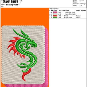 May include: An embroidered design featuring a green and red snake in a stylized form. The design is on a beige background with a pink border, set against an orange backdrop. The text "SNAKE POWER 1" is visible.