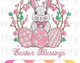 Disegno per ricamo a macchina coniglietto con benedizioni pasquali, coniglio con uova, disegno per ricamo floreale primaverile, Dst Emb Pes, download immediato