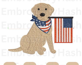 Ricamo a macchina di un Labrador giallo con bandiera americana, cane con motivo bandiera USA, Dst, Pes, Emb e Pdf, download immediato
