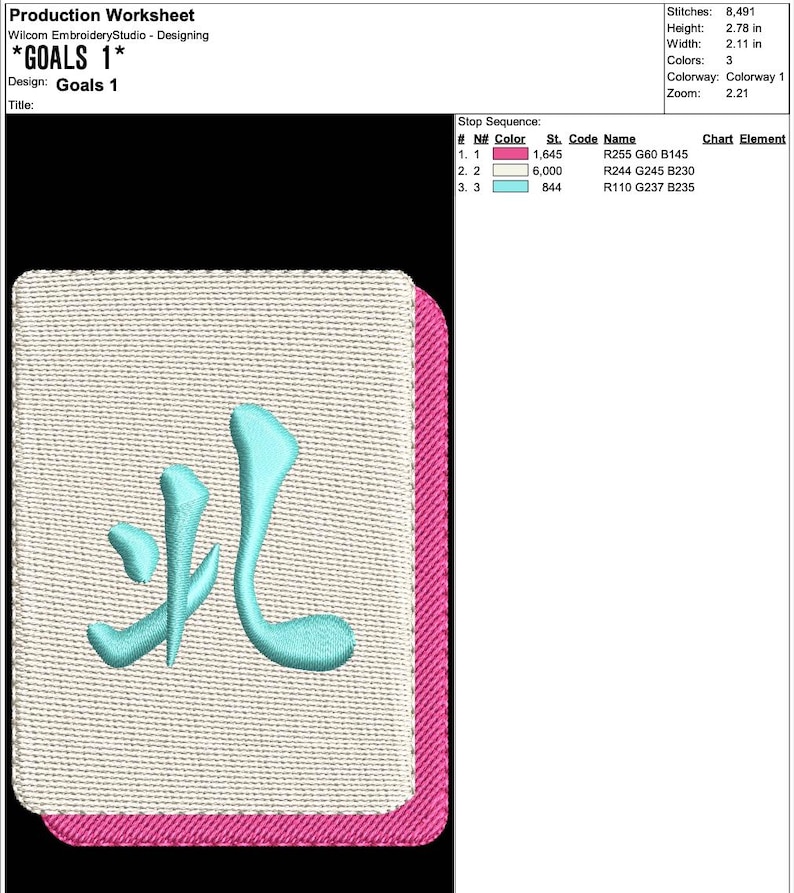 May include: An embroidered patch with the text "GOALS 1" and a teal-colored symbol. The patch has a light beige background with a pink border. The design is 2.78 inches high and 2.11 inches wide.