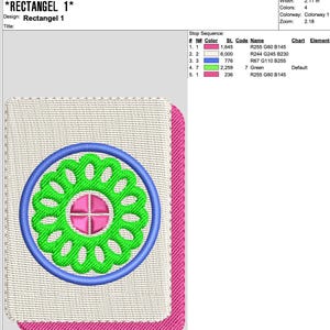 May include: A rectangular embroidery design titled "RECTANGEL 1" with a floral pattern. The design features a green floral element within a blue circle, centered on a beige background, with a pink border. The design is 2.78 inches high and 2.11 inches wide.