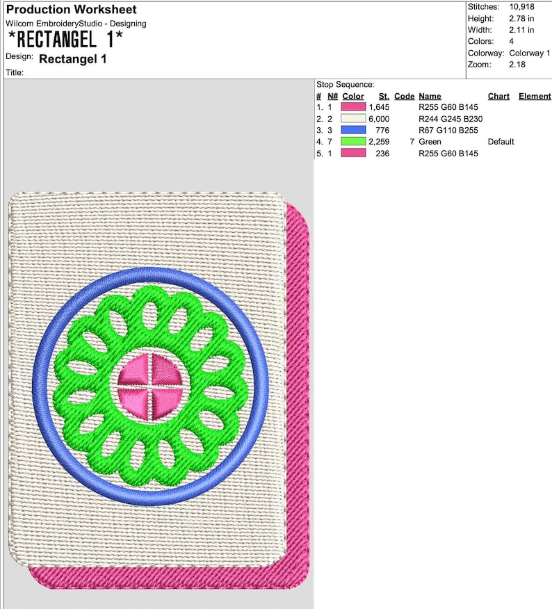 May include: A rectangular embroidery design titled "RECTANGEL 1" with a floral pattern. The design features a green floral element within a blue circle, centered on a beige background, with a pink border. The design is 2.78 inches high and 2.11 inches wide.