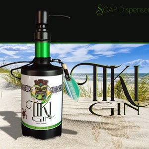 ソープディスペンサー ガラス ハンドソープ ブラック マット 500ml ジンボトル / 伝説の TIKI GIN、マオリ、ハワイ 装飾ボトル ソープディスペンサー