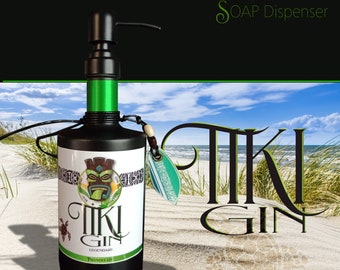 Soap dispenser glass hand soap black matt 500ml GIN bottle / Legendary TIKI GIN, Maori, Hawaii decorative bottle soap dispenser