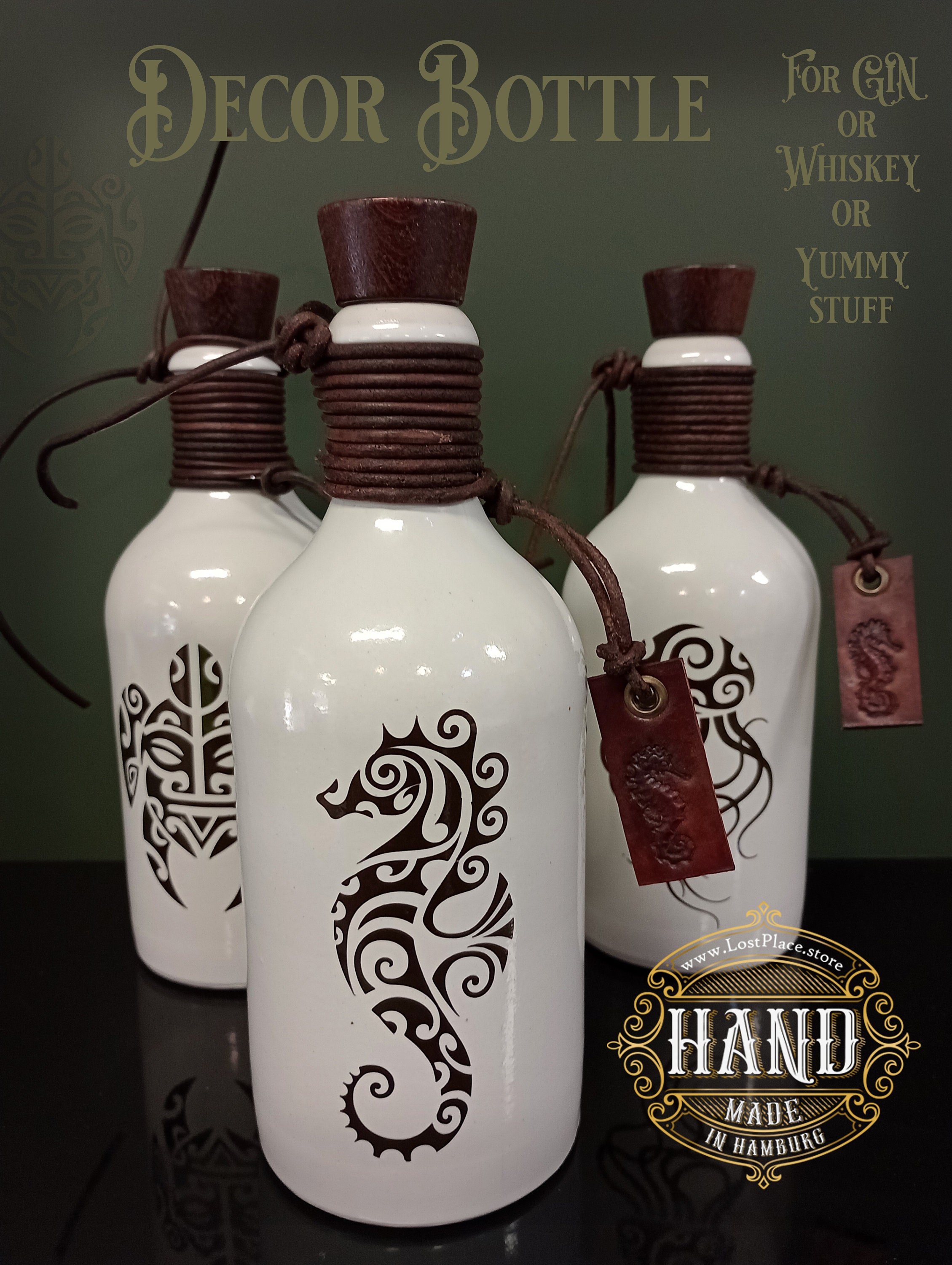 Steinkrugflasche Dekorflasche,  DIY, Lotion, Seife, Met, Heilerflasche, Seahorse or Turtle or Jellyfish MAORI