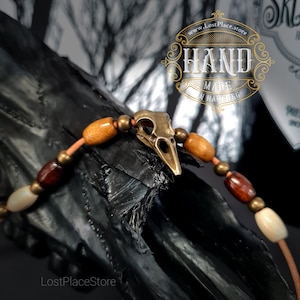 LEATHER CHAIN Leather strap, RAVEN SKULL Bronze, with leather strap, adjustable chain with bird skull Raven Crow, Bones, Gothic, Viking HELL
