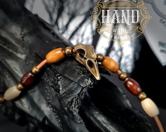 LEATHER CHAIN Leather strap, RAVEN SKULL Bronze, with leather strap, adjustable chain with bird skull Raven Crow, Bones, Gothic, Viking HELL