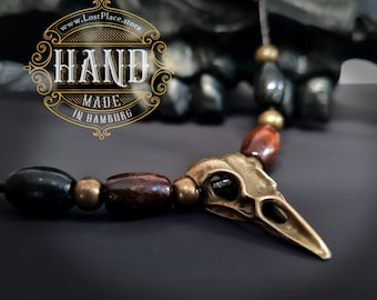 RAVEN SKULL leather necklace, bronze, with leather strap, adjustable chain with bird skull Raven Crow, Bones, Skull Crow, Gothic, Viking