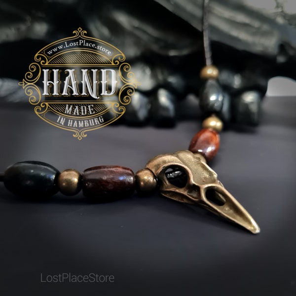 RABENSCHÄDEL Lederkette , Bronze, mit Lederband, verstellbare Kette mit Vogelschädel Raven Krähe , Bones , Skull Crow, Gothic, Viking