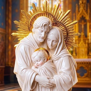 May include: A white ceramic sculpture depicting a family of three figures in a close embrace. The figures feature smooth, matte surfaces and are positioned before a large, radiant gold-coloured sunburst halo with sharp, pointed rays.
