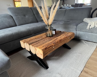 Tavolino da caffè con gambe a X, tavolo da soggiorno, travi in