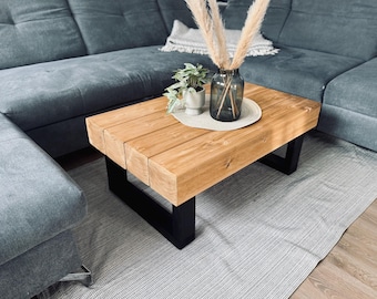 Mesa de centro de madera de roble aceitado hecha a mano, mesa de salón, construcción con vigas de madera, estilo rústico, campestre, industrial, madera maciza, reciclada.