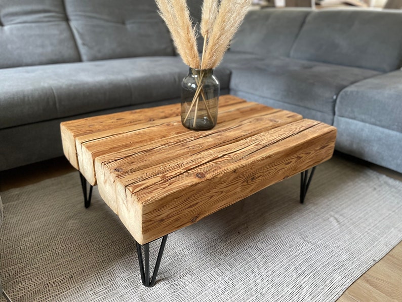 Upcycling coffee table living room table beams timber reclaimed wood rustic country house industrial image 1