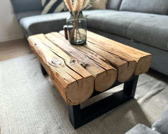 Tavolino da caffè artigianale in legno per soggiorno, realizzato con travi, legno di recupero, rustico, stile country, industriale, legno massello, fatto a mano, riciclato
