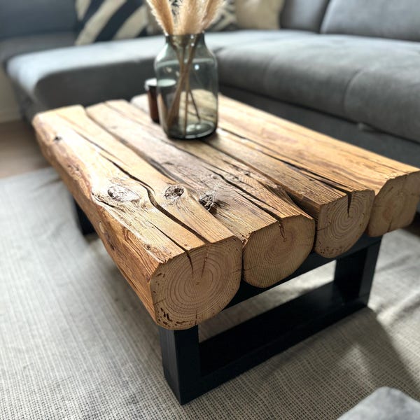 Handcrafted wooden coffee table for living room, made from beams, reclaimed wood, rustic, country style, industrial, solid wood, handmade, upcycled