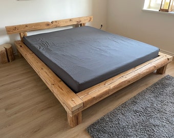 Handgefertigtes Altholz Balkenbett Rustikal Landhaus Bauholz Massiv Bett Industrial Holz 120x200 140x200 160x200 180x200 200x200