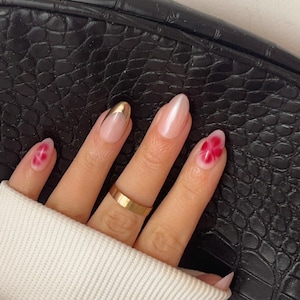 Glazed press on nails | Red deep pink flower accent nails |Autumn colours fall neutral gold chrome |Set of 10 custom handmade false nails UK