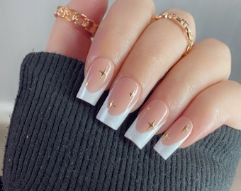 White chrome french tips and gold stars press on nails |white and gold nail design |Cute classy trending false nails | Set of 10 handmade