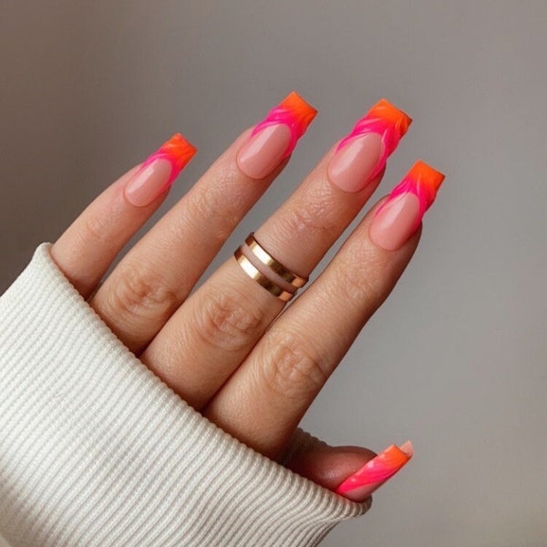 Neon pink to orange ombré french press on nails | 3D clear swirls | Holiday summer vacation party fake nails | Set of 10 custom stick ons