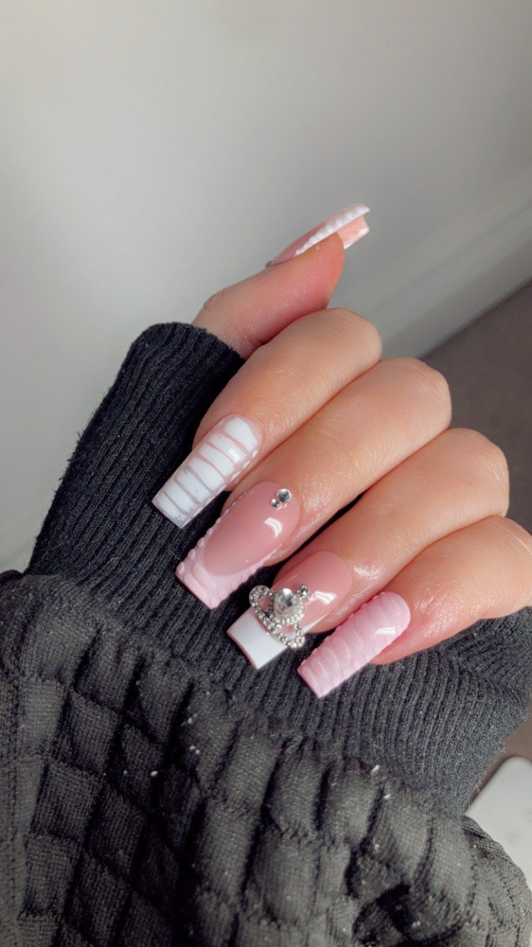 Pastel Pink and White Croc Print Press on Nails French Tip - Etsy UK