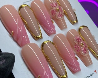 Pink and gold 3D flower press on nails | 3D Chrome outline|Sculpted flower pink ombré | 3D gel art | Custom design |Set of 10 stick on nails