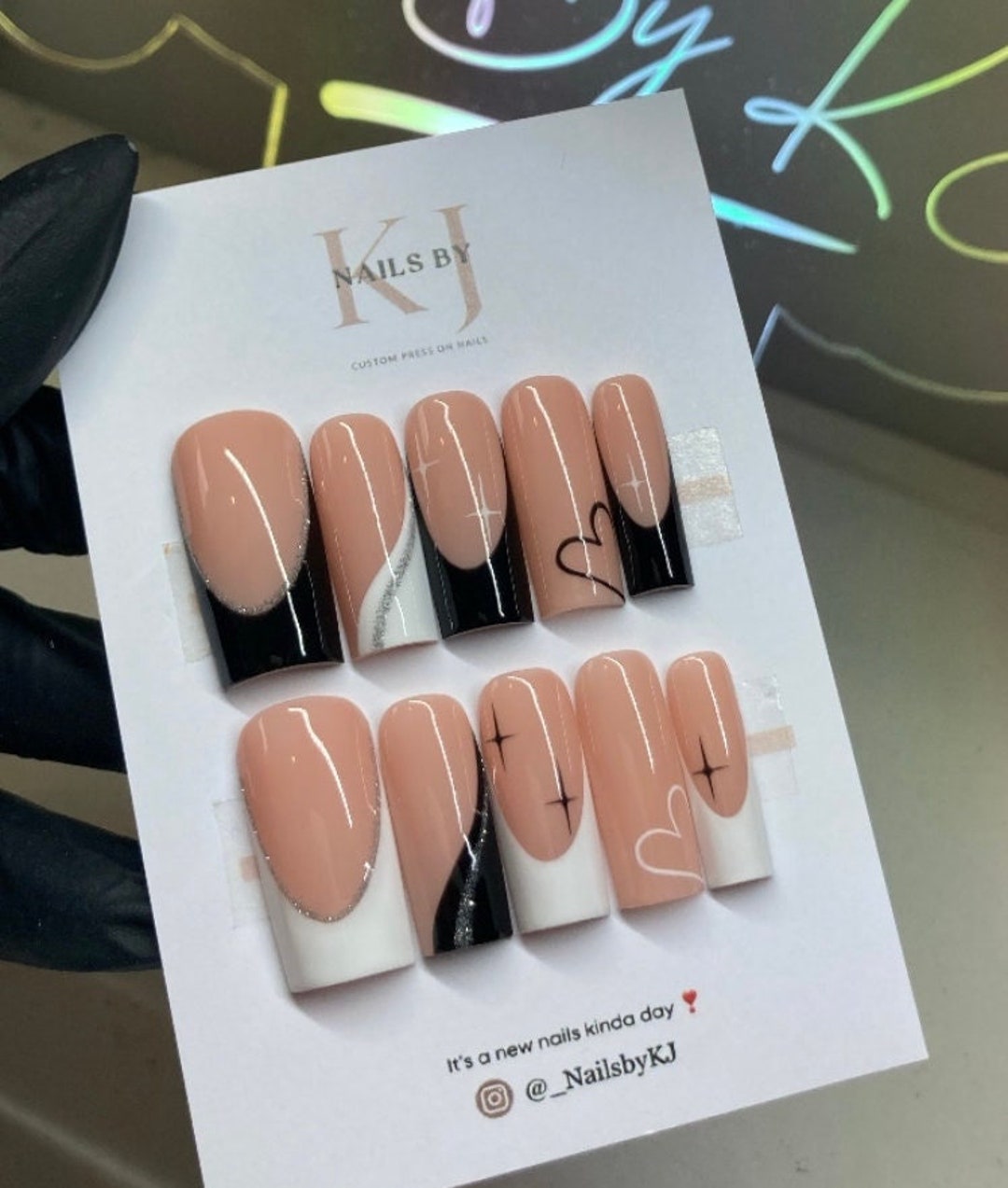 Black and White Press on Nails Silver Glitter Outlines and Swirl Handrawn Heart Valentines Set