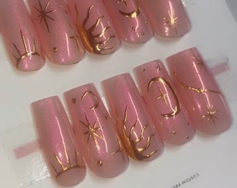Iridescent pink chrome & gold astrology press on nails | Stars and moon nail art | Constellation | Custom nail design | Set of 10 handmade