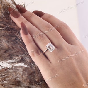 4.2 Ct Emerald Cut Moissanite Engagement Ring, Solitaire Wedding Ring, Invisible Halo Emerald Claw Prong Ring, Anniversary Ring For Her