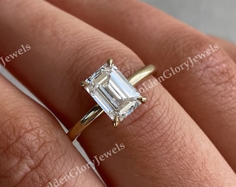 2ct Emerald Cut Moissanite Engagement Ring, Emerald Moissanite Ring, Wedding Ring Anniversary Ring, Solitaire Ring, Hidden Halo Ring