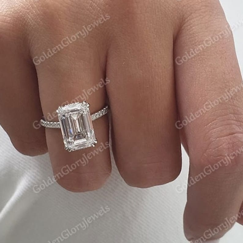 4CT Emerald Cut Moissanite Engagement Ring, Emerald Moissanite Hidden Halo Ring, Wedding Ring Anniversary Ring, Double Claw Prong, Cathedral image 4
