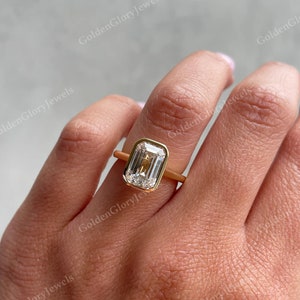 3CT Emerald Cut Moissanite Engagement Ring, 14K Yellow Gold, Bezel Set Ring, Anniversary Gift Ring, Bridal Wedding Ring, Bezel Ring