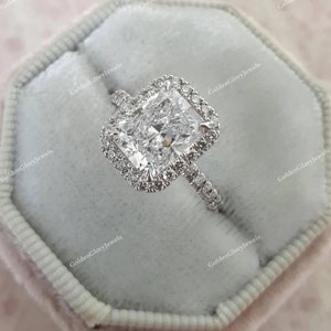 4 CT Radiant Cut Moissanite Engagement Ring, Moissanite Wedding Ring, Surrounded Halo Ring Cathedral Shank Moissanite Solitaire Ring For Her