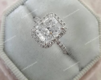 4 CT Radiant Cut Moissanite Engagement Ring, Moissanite Wedding Ring, Surrounded Halo Ring Cathedral Shank Moissanite Solitaire Ring For Her