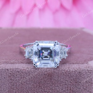 5.15 Ct Asscher cut Moissanite Engagement Ring, Double Claw Prong, Asscher Wedding Ring for women, Asscher 3 Stone Ring, 14k/18k Gold