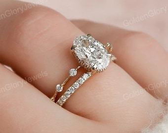 2CT Oval Cut Moissanite Halo Eternity Bridal Engagement Ring Set, Moissanite Ring Set, Vintage Bridal Set, Art Deco Bands, 14k/18k Gold