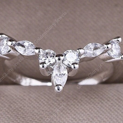 Round And Marquise cut Moissanite Band, Half Eternity Wedding Band, Curved Band, shops Stackable wedding band, Thin Band, V Shape Band