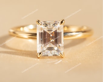 Anello con moissanite taglio smeraldo da 2 ct, anello con moissanite solitario, anello per proposta di matrimonio per lei, anello solitario in oro massiccio