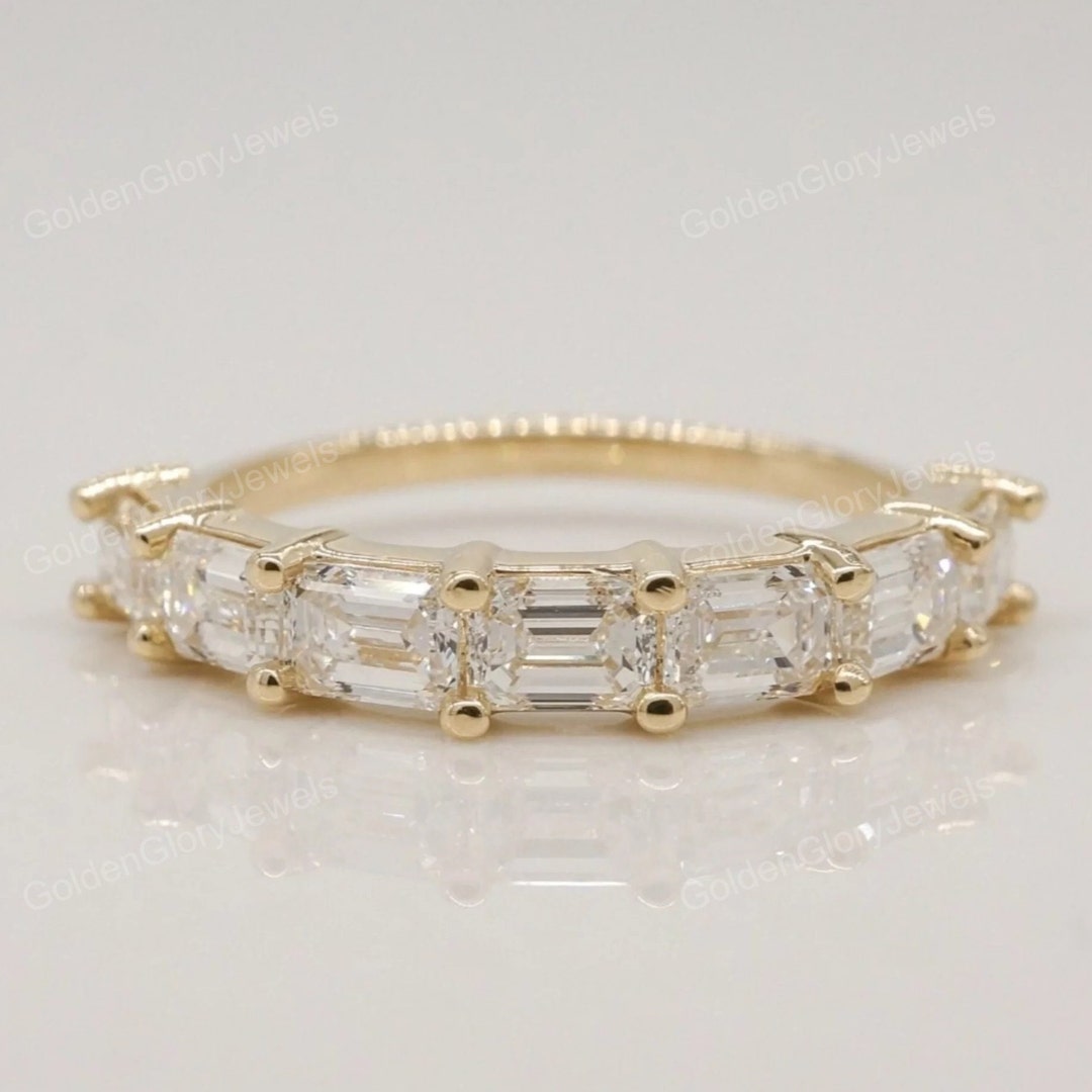 Emerald Cut Moissanite Wedding Band, Emerald Moissanite 14K Yellow Gold ...