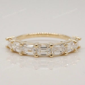 Emerald Cut Moissanite Wedding Band, Emerald Moissanite 14K Yellow Gold Wedding Band, Half Eternity Wedding Band, Emerald Band