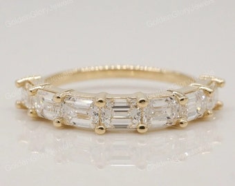 Emerald Cut Moissanite Wedding Band, Emerald Moissanite 14K Yellow Gold Wedding Band, Half Eternity Wedding Band, Emerald Band