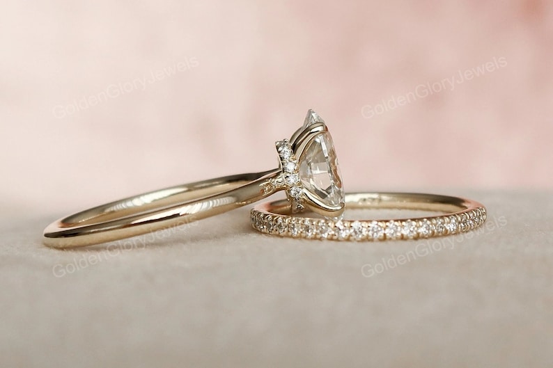 2 Ct Oval Cut Moissanite Wedding Ring Set, Moissanite Engagement Ring Set, Vintage Bridal Set, Art Deco Matching Bands, 14k/18k Gold Ring image 4