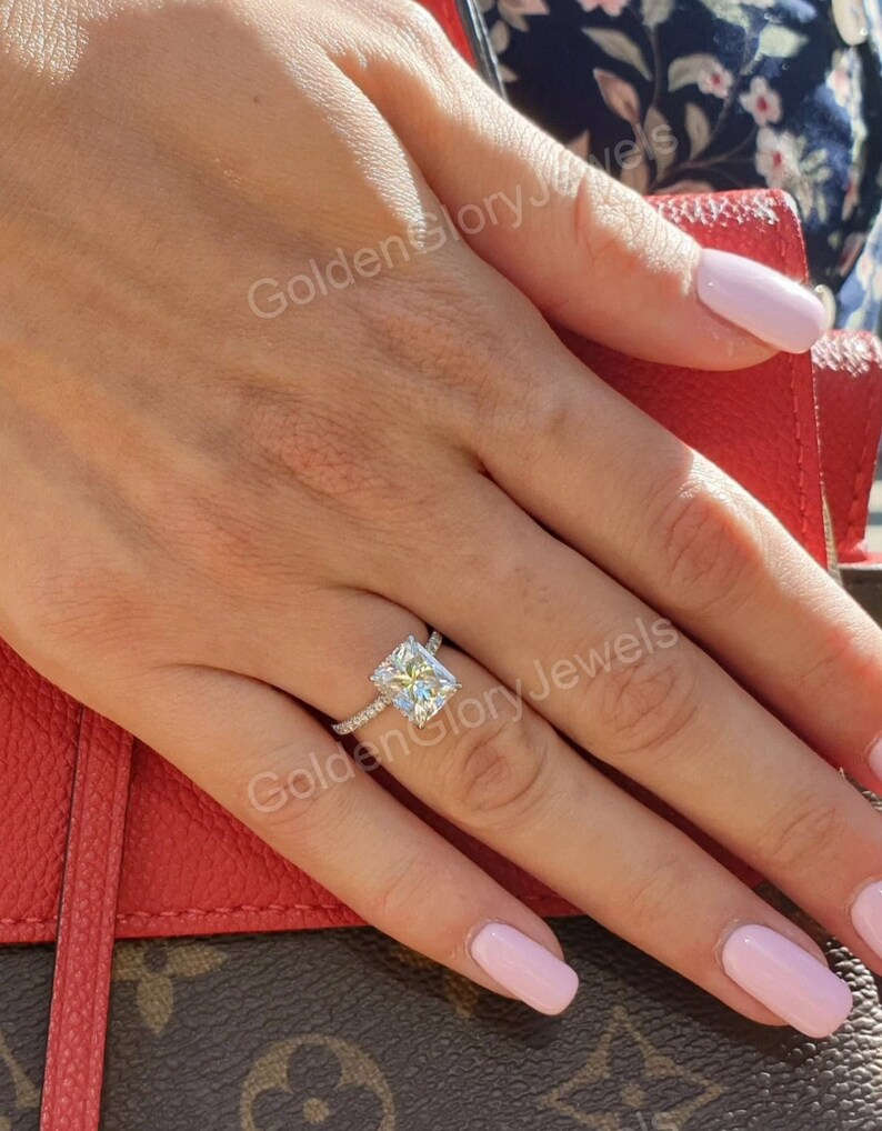 3ct Radiant Cut Moissanite Engagement Ring, Radiant Cut Ring With Halo Moissanite Ring, Art Deco Ring, Anniversary Gift | Vintage Ring image 5