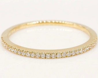 Thin Moissanite Wedding Band, Dainty Ring, half eternityMicro Pave Wedding Band, SOLID Yellow, White, Rose Gold