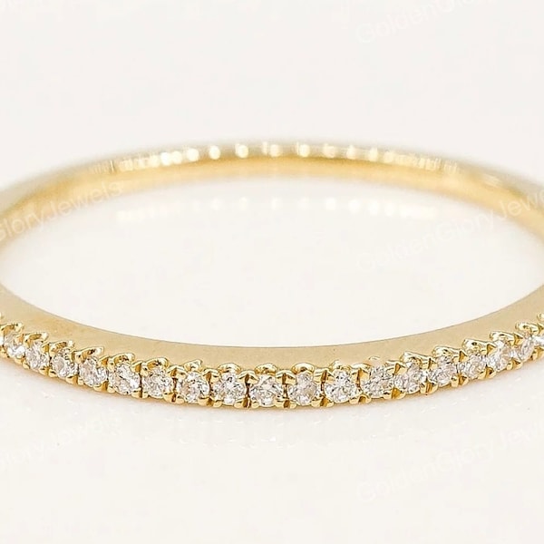 Thin Moissanite Wedding Band, Dainty Ring, half eternityMicro Pave Wedding Band, SOLID Yellow, White, Rose Gold