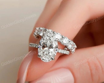 3CT Oval Cut Moissanite Halo Full Eternity Bridal Engagement Ring Set, Oval Ring Set, Vintage Bridal Set, Art Deco Bands, 14k/18k Gold Ring