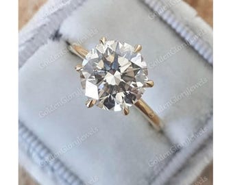 Anello di fidanzamento con moissanite taglio rotondo da 3 carati, anello con moissanite solitario rotondo, anello in oro massiccio 14 carati, anello regalo per anniversario, anello nuziale, 6 griffe