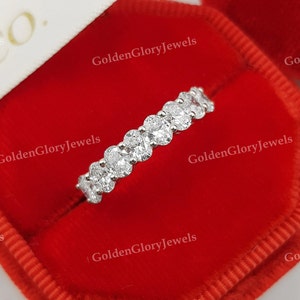 Oval Cut Moissanite Half Eternity Wedding Band, Half Eternity Stacking Matching Wedding Band, Solid 14k White Gold Wedding, Art Deco Band