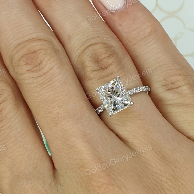 3ct Radiant Cut Moissanite Engagement Ring, Radiant Cut Ring With Halo Moissanite Ring, Art Deco Ring, Anniversary Gift | Vintage Ring image 4